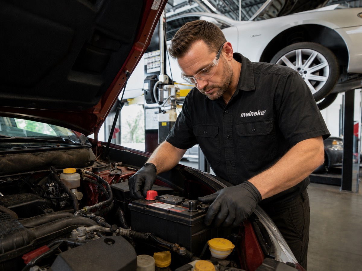 Meineke technician installing a replacement car battery